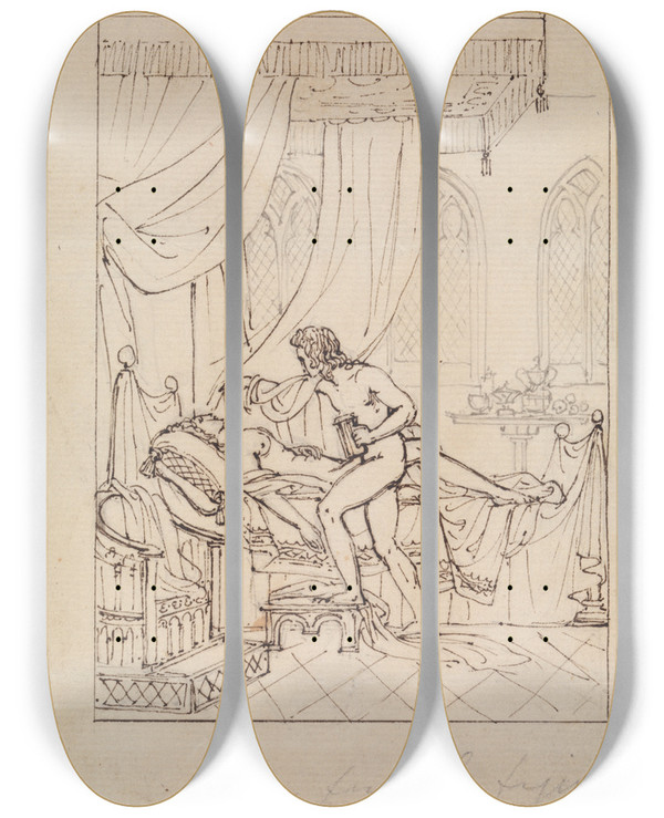Triptych art skateboard deck of Robert Smirke Study Of A Woman Sleeping In Her Chamber And A Man Standing Over Her Bed by Robert Smirke (1752-1845)