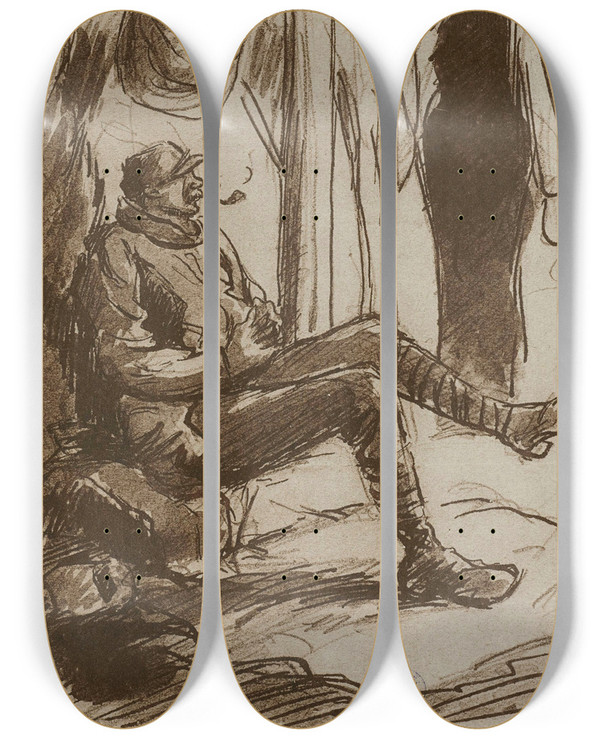 Triptych art skateboard deck of Georges Goursat Sem Dans Les Sapes by Georges Goursat (Sem) (1863-1934)