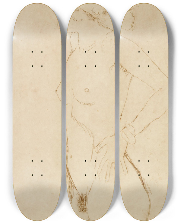 Triptych art skateboard deck of Gustav Klimt Standing Nude Girl Facing Left by Gustav Klimt (1862-1918)
