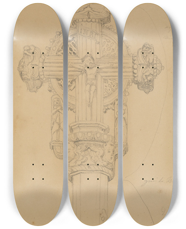 Triptych art skateboard deck of Johann Wilhelm Schirmer Normannisches Hochkreuz Fol 1 A by Johann Wilhelm Schirmer (1807-1863)