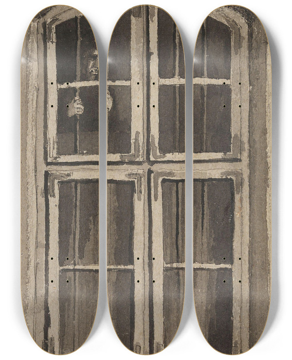 Triptych art skateboard deck of Gustav Wentzel Figure Behind A Barred Window by Gustav Wentzel (1859-1927)