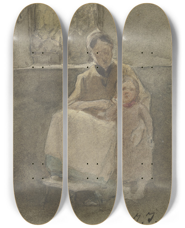 Triptych art skateboard deck of Jakob Frchtegott Dielmann Eine Frau An Einem Fenster Sitzend Hlt Ein Neben Ihr Stehendes Kind by Jakob Furchtegott Dielmann (1809-1885)