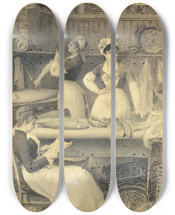 Triptych art skateboard deck of Camille Flix Bellanger Les Marchandes De Poisson by Camille Felix Bellanger (1853-1923)