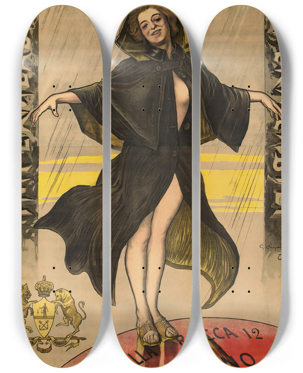 Triptych art skateboard deck of Giovanni Battista Carpanetto Impermeabili Acconciamessa by Giovanni Battista Carpanetto (1863-1928)