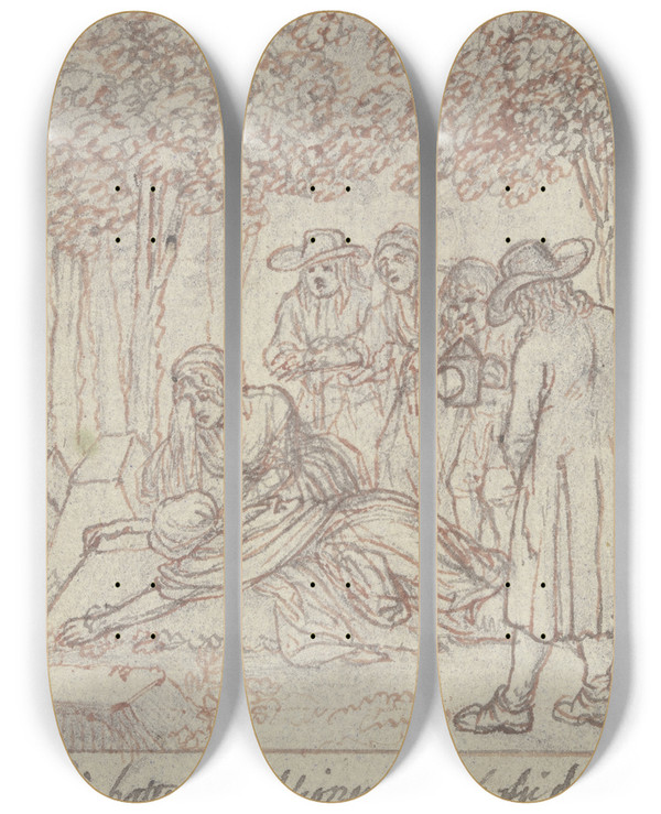 Triptych art skateboard deck of Daniel Nikolaus Chodowiecki Eine Frau Hat Sich Ber Einen Grabhgel Geworfen by Daniel Nikolaus Chodowiecki (1726-1801)