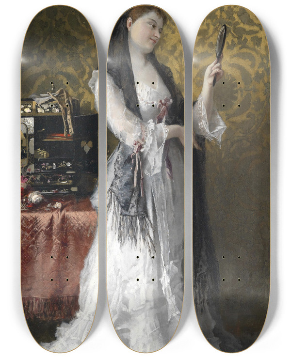 Triptych art skateboard deck of Conrad Kiesel Dame Im Boudoir by Conrad Kiesel (1846-1921)