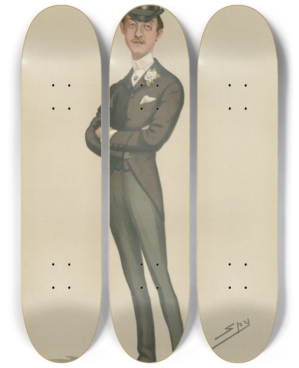 Triptych art skateboard deck of Leslie Matthew Ward Politicians Bradlaughs Baby The Hon Charles Robert Spencer 10 December 1881 by Leslie Matthew Ward (1851-1922)