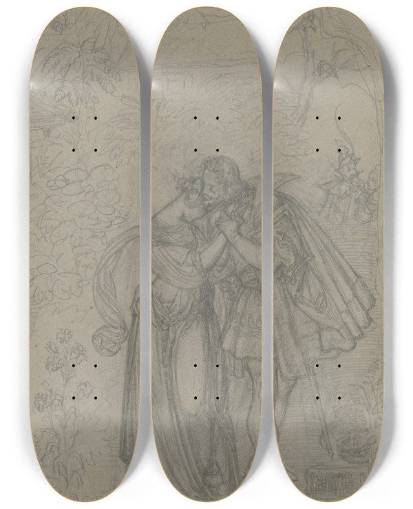 Triptych art skateboard deck of Ferdinand Fellner Faust Und Gretchen Im Hintergrund Marthe Und Mephisto_3 by Ferdinand Fellner (1799-1859)