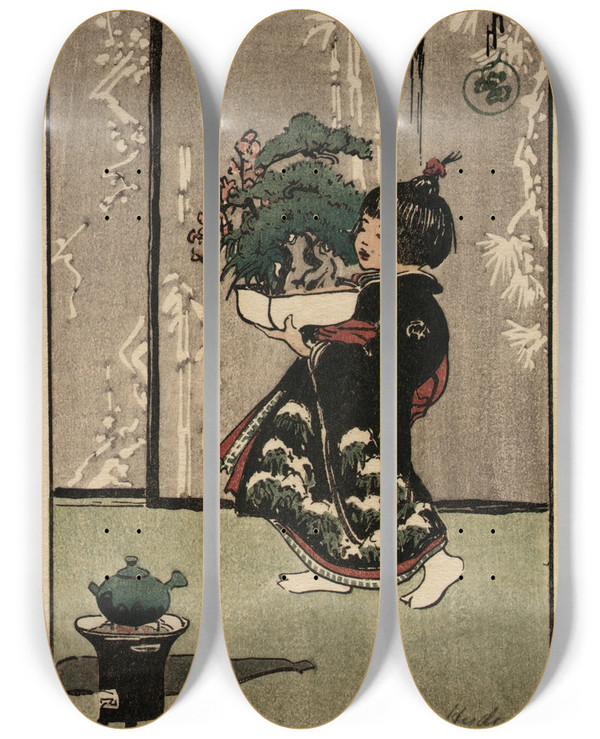 Triptych art skateboard deck of Helen Hyde Three Friends Of Winter by Helen Hyde (1868-1919)