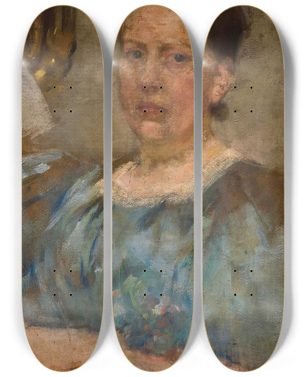 Triptych art skateboard deck of Olga Boznanska Portrait Of A Woman In A Blue Blouse by Olga Boznanska (1865-1940)