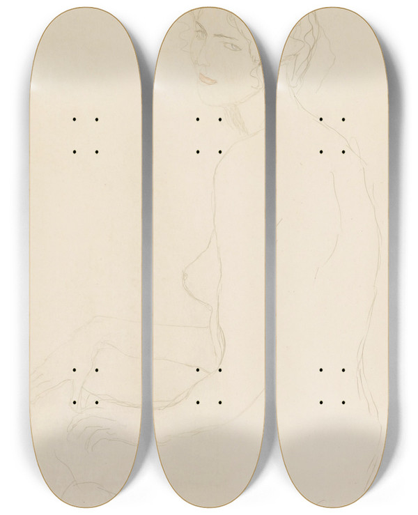 Triptych art skateboard deck of Gustav Klimt Sitzender Akt Nach Links Seated Nude Turned To The Left by Gustav Klimt (1862-1918)