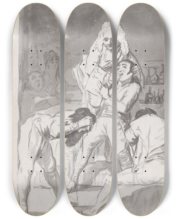 Triptych art skateboard deck of Francisco De Goya A Charlatan Extracting A Tooth From A Patients Mouth Figure In The Foreground Vomiting by Francisco de Goya (1746-1828)
