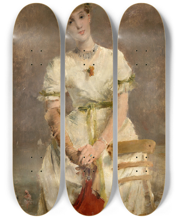 Triptych art skateboard deck of Alfred Stevens Young Woman By The Sea by Alfred Stevens (1817-1875)