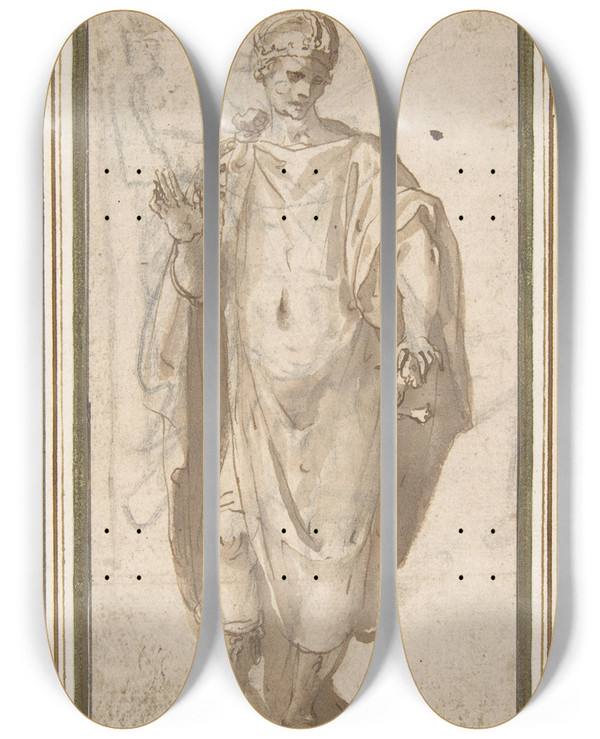 Triptych art skateboard deck of Cesare Nebbia Standing Figure Of A Warrior King by Cesare Nebbia (1536-1622)