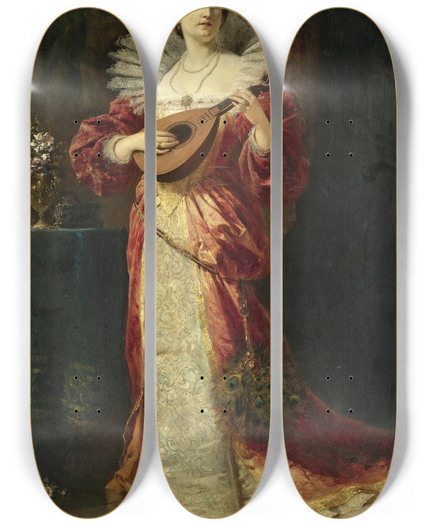 Triptych art skateboard deck of Ferdinand Wagner Jnr Lady With Lute by Ferdinand Wagner Jnr (1870-1900)