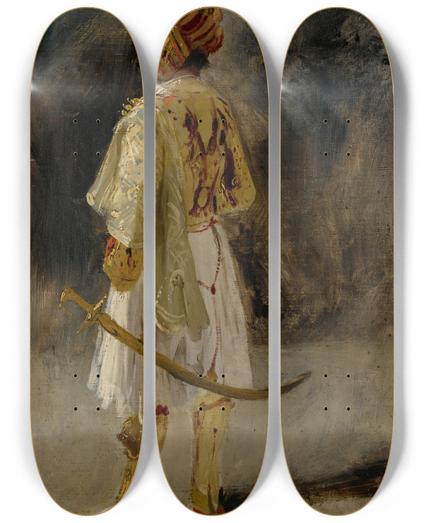 Triptych art skateboard deck of Richard Parkes Bonington The Count Of Palatino In The Costume Of A Palikar by Richard Parkes Bonington (1802-1828)