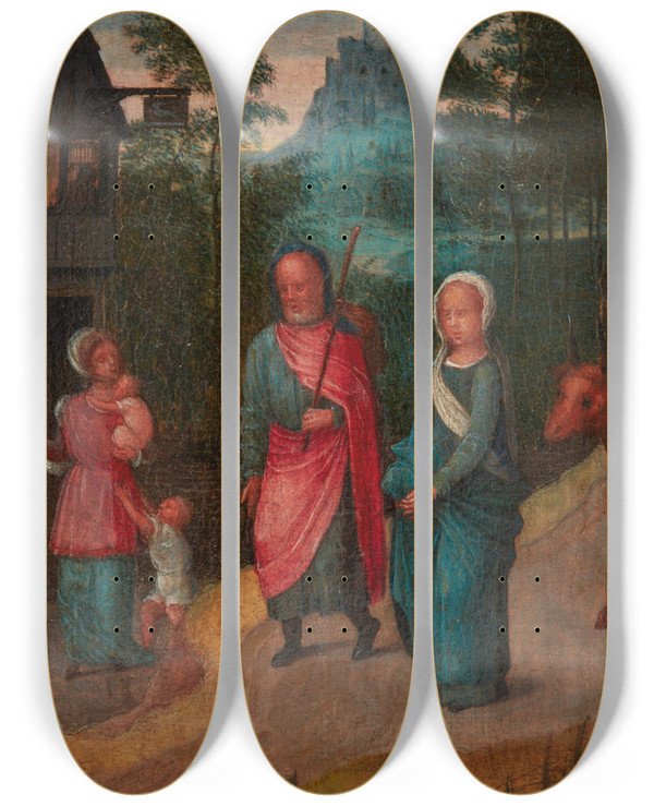 Triptych art skateboard deck of Adriaen Isenbrandt Mary And Joseph In Bethlehem by Adriaen Isenbrandt (1480-1551)
