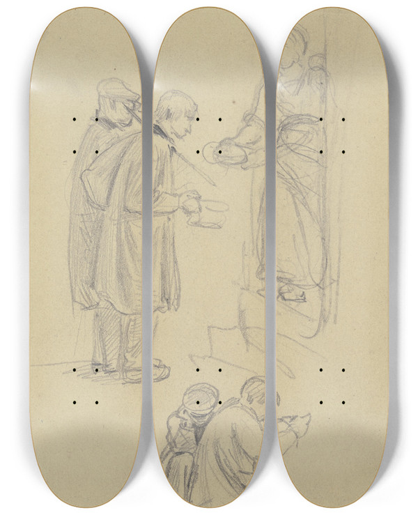 Triptych art skateboard deck of Jakob Frchtegott Dielmann Studienblatt Eine Frau An Der Haustr Gibt Zwei Bettlern Ein Stck Brot Darunter Eine Kniende Und Eine Sitzende Figur by Jakob Furchtegott Dielmann (1809-1885)
