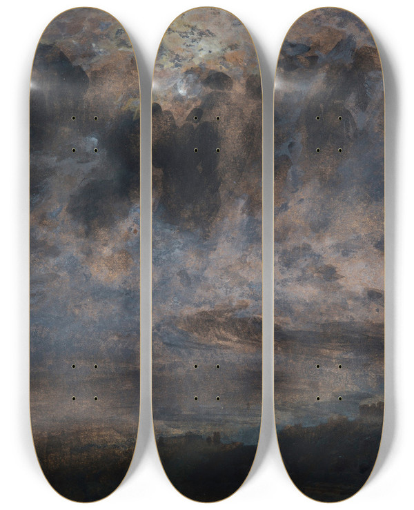 Triptych art skateboard deck of Adolph Von Menzel Mondschein Ber Den Dchern Von Berlin by Adolph Von Menzel (1815-1905)