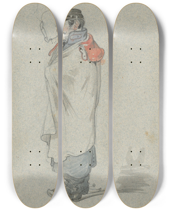 Triptych art skateboard deck of Friedrich Carl Von Scheidlin Soldier In A Cape by Friedrich Carl Von Scheidlin (1822-1913)