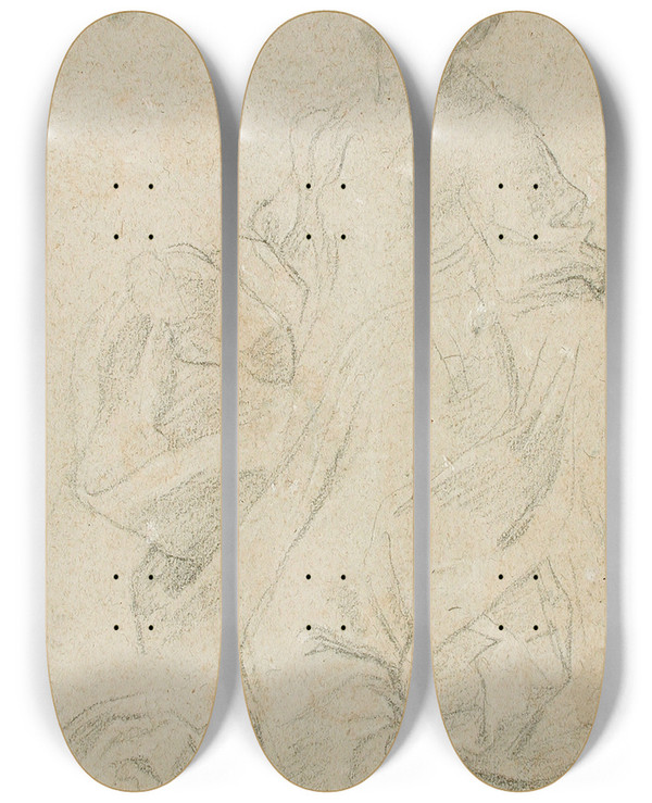 Triptych art skateboard deck of Guido Reni Study Of A Kneeling Female Figure by Guido Reni (1575-1642)