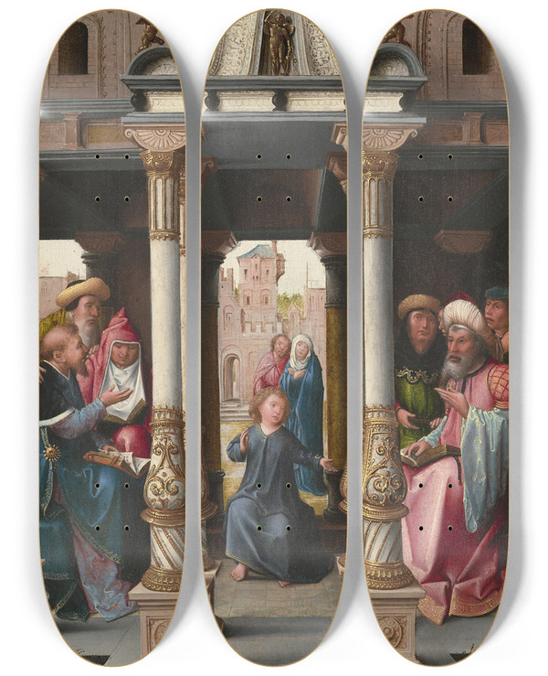 Triptych art skateboard deck of Bernard Van Orley Christ Among The Doctors Obverse by Bernard Van Orley (1492-1542)