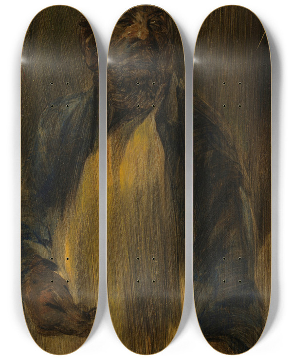 Triptych art skateboard deck of Wilhelm Busch Ein Bettler by Wilhelm Busch (1832-1908)