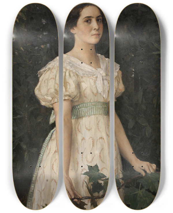 Triptych art skateboard deck of Victor Mikhailovich Vasnetsov Portrait Of Vera Savvishna Mamontova by Victor Mikhailovich Vasnetsov (1848-1926)