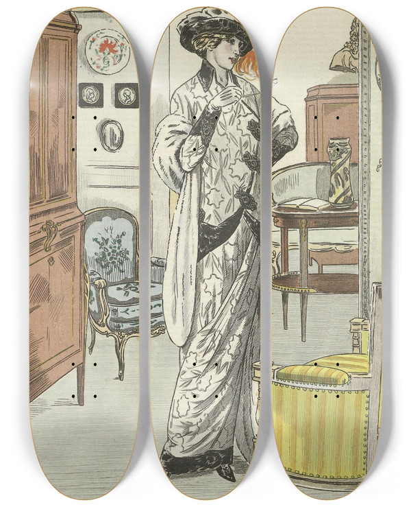 Triptych art skateboard deck of Fernand Simon Tailleur De Velours by Fernand Simeon (1884-1928)
