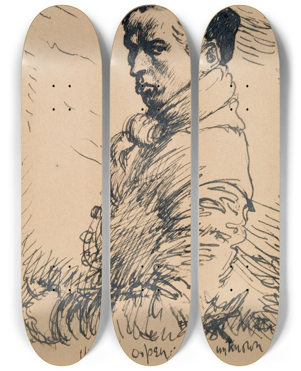 Triptych art skateboard deck of William Orpen Selfportrait by William Orpen (1878-1931)
