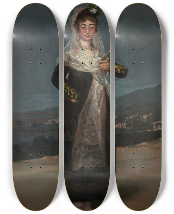 Triptych art skateboard deck of Francisco De Goya Portrait Of The Marquesa De Santiago by Francisco de Goya (1746-1828)