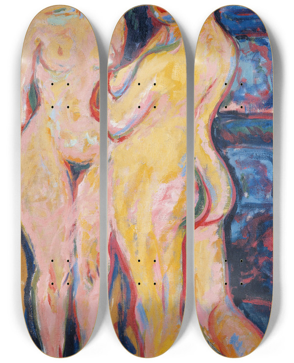Triptych art skateboard deck of Ernst Ludwig Kirchner Nudes Standing By Stove by Ernst Ludwig Kirchner (1880-1938)