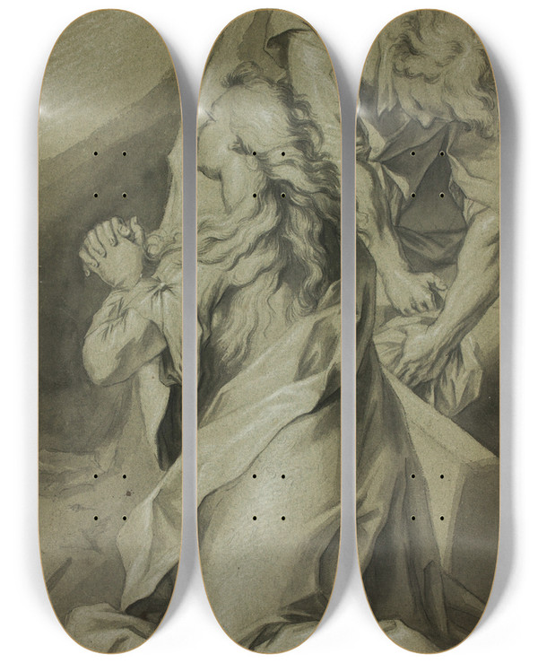 Triptych art skateboard deck of After Federico Barocci Kneeling Magdalene And Tomb Attendant by After Federico Barocci (1526-1612)