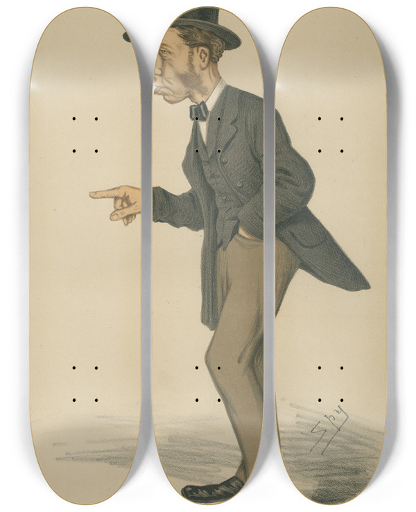 Triptych art skateboard deck of Leslie Matthew Ward Politicians Noisy Tom Sir Thomas Collins September 6 1873 by Leslie Matthew Ward (1851-1922)