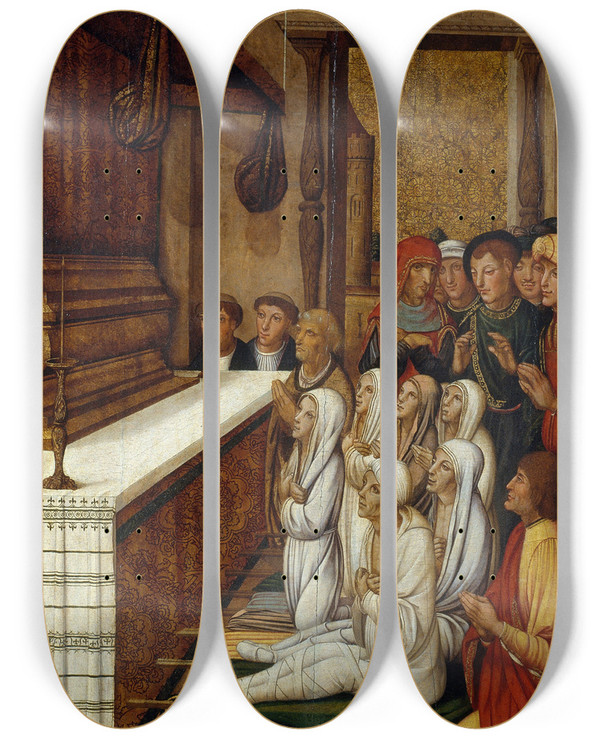 Triptych art skateboard deck of Pere Gasc Six Resurrections Before The Relics Of Saint Stephen by Pere Gasco (1502-1546)