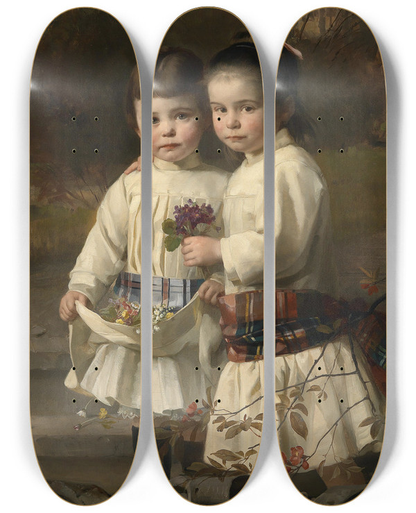 Triptych art skateboard deck of Heinrich Lauenstein Geschwister Im Schlosspark by Heinrich Lauenstein (1835-1910)