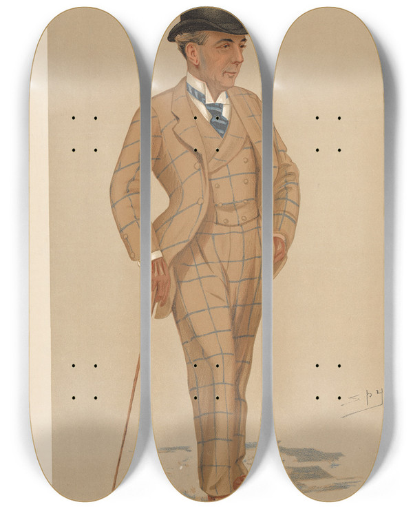 Triptych art skateboard deck of Leslie Matthew Ward Turf Devotees Sandown Park Mr Hwfa Williams November 7 1891 by Leslie Matthew Ward (1851-1922)