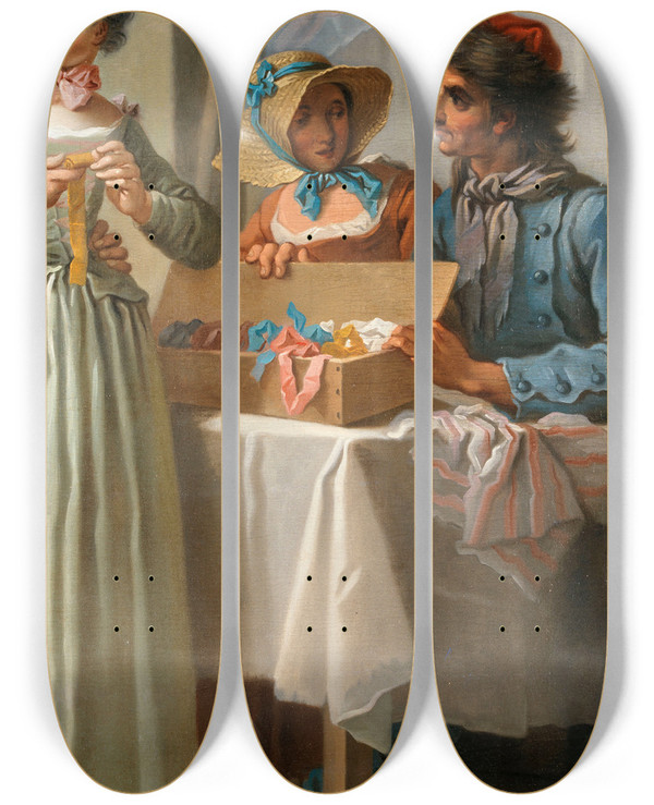 Triptych art skateboard deck of Etienne Jeaurat Le Marchand De Rubans Fragment by Etienne Jeaurat (1699-1789)