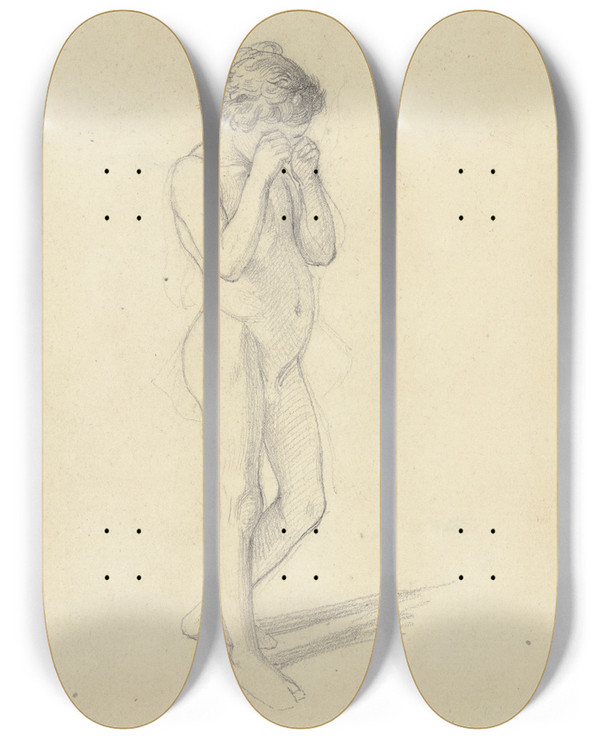 Triptych art skateboard deck of Jakob Becker Nude Of A Boy Crying by Jakob Becker (1810-1872)