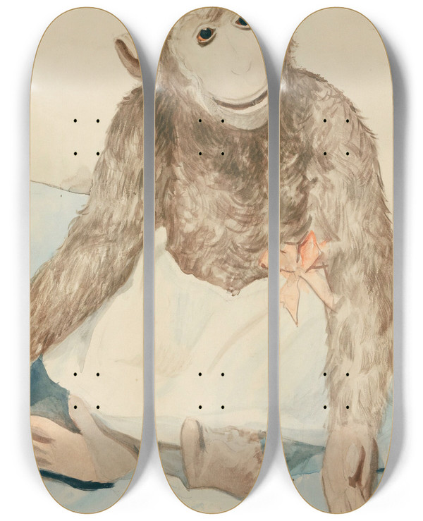 Triptych art skateboard deck of Boris Kustodiev The Toy Monkey by Boris Kustodiev (1878-1927)