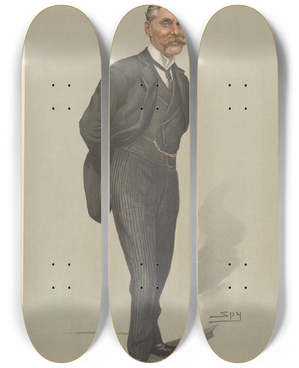 Triptych art skateboard deck of Leslie Matthew Ward Politicians To Abandon Conservative Ideals Is To Destroy The Empire Sir John Dickson Poynder 22 June 1905 by Leslie Matthew Ward (1851-1922)