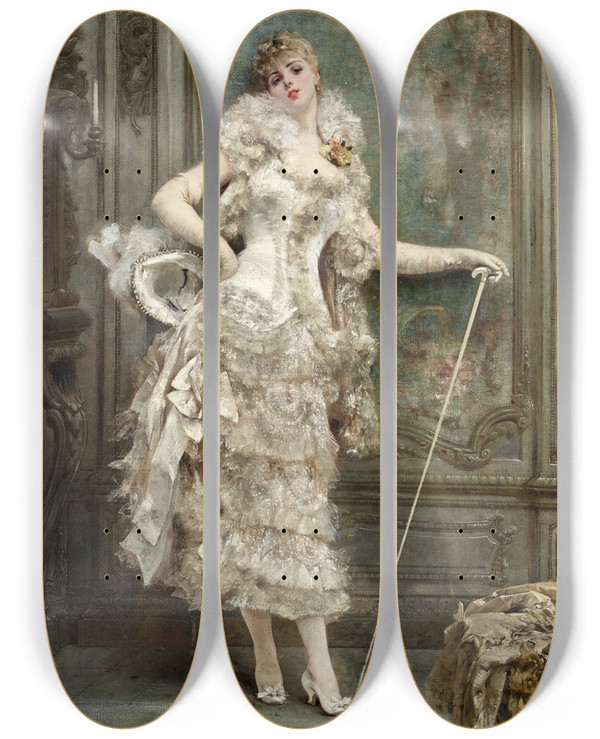 Triptych art skateboard deck of Georges Jules Victor Clairin Frou Frou by Georges Jules Victor Clairin (1843-1919)
