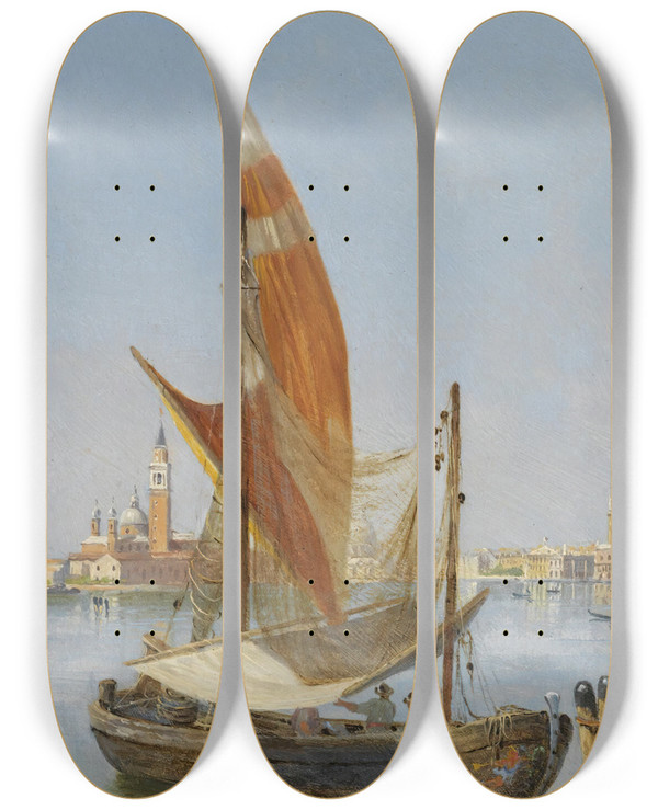 Triptych art skateboard deck of Antonietta Brandeis Fishing Boats In The Lagoon Venice by Antonietta Brandeis (1848-1926)
