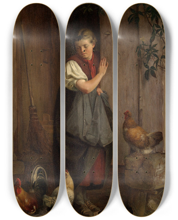 Triptych art skateboard deck of Hans Thoma Feeding Chickens by Hans Thoma (1839-1924)