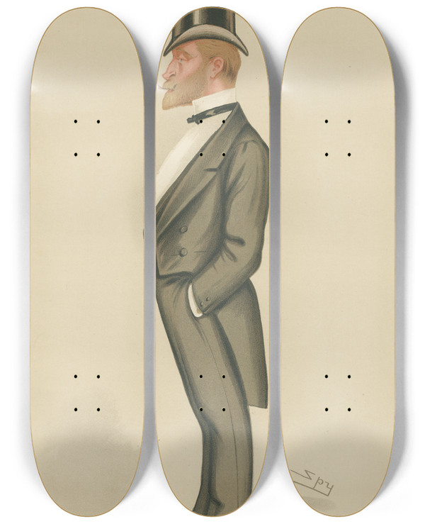 Triptych art skateboard deck of Leslie Matthew Ward Politicians Gentle And Liberal The Hon Frederick Stephen Archibald Hanburytracy May 17 1896 by Leslie Matthew Ward (1851-1922)