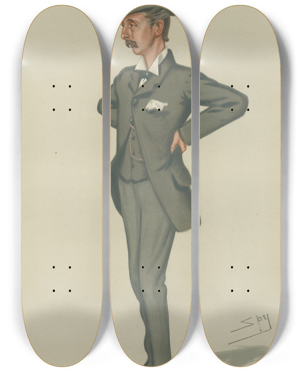 Triptych art skateboard deck of Leslie Matthew Ward Politicians The Young Man The Hon Edward Stanhope 12 April 1879 by Leslie Matthew Ward (1851-1922)