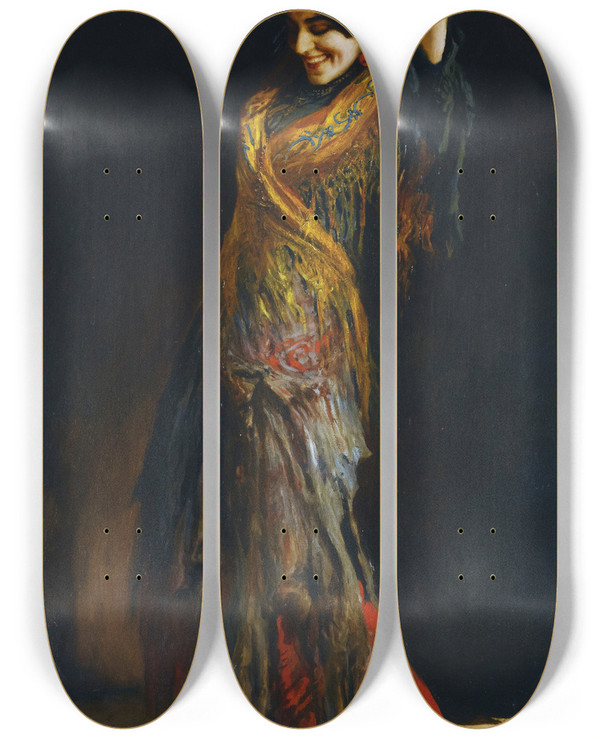 Triptych art skateboard deck of Leopold Schmutzler The Flamenco Dancer by Leopold Schmutzler (1864-1941)