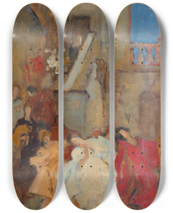 Triptych art skateboard deck of Edwin Austin Abbey Compositional Study Possibly For Ameasure by Edwin Austin Abbey (1852-1911)