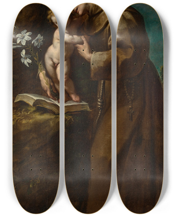 Triptych art skateboard deck of Carlo Francesco Nuvolone Saint Anthony Of Padua With The Infant Christ by Carlo Francesco Nuvolone (1609-1662)