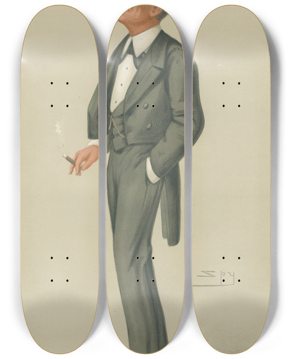 Triptych art skateboard deck of Leslie Matthew Ward Military And Navy In His Military Capacity Mr Montagu Williams November 1 1879 by Leslie Matthew Ward (1851-1922)